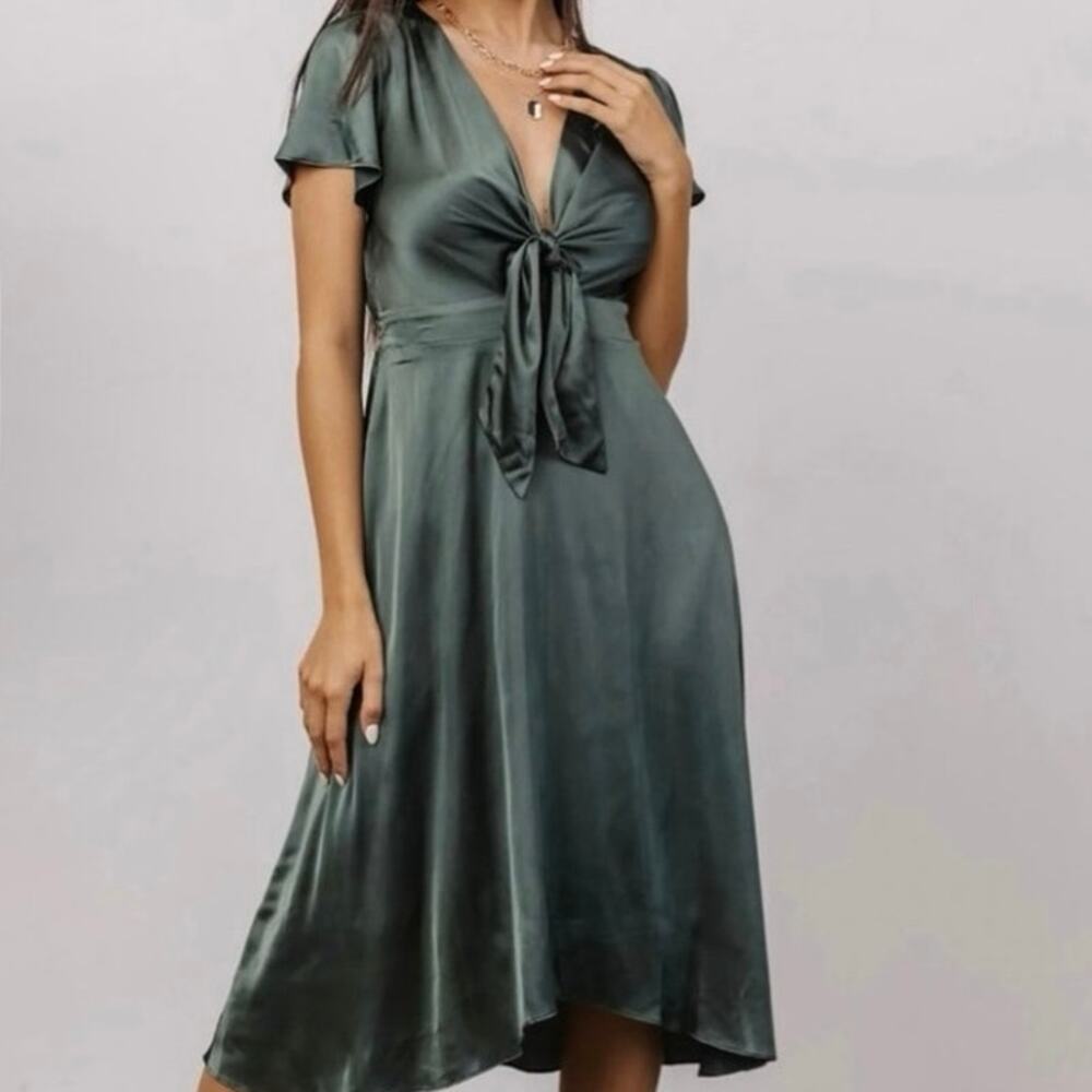 Baltic Born Poppy Satin Midi Dress Dark Sage Green V-Neck Peek Tie Front Size L